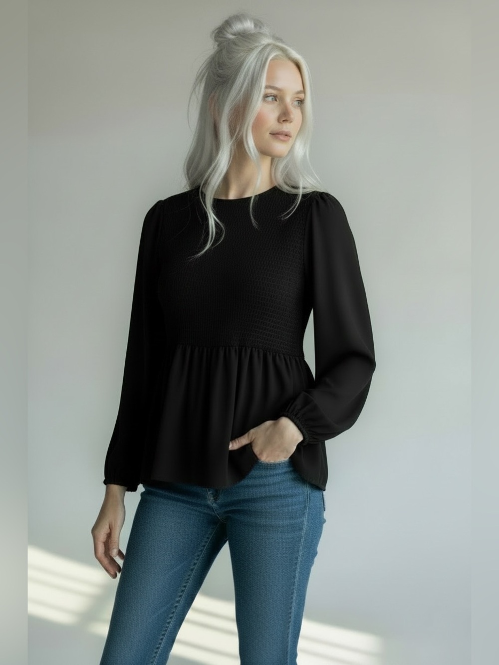 Express Black Smocked Long-Sleeve Peplum Tunic